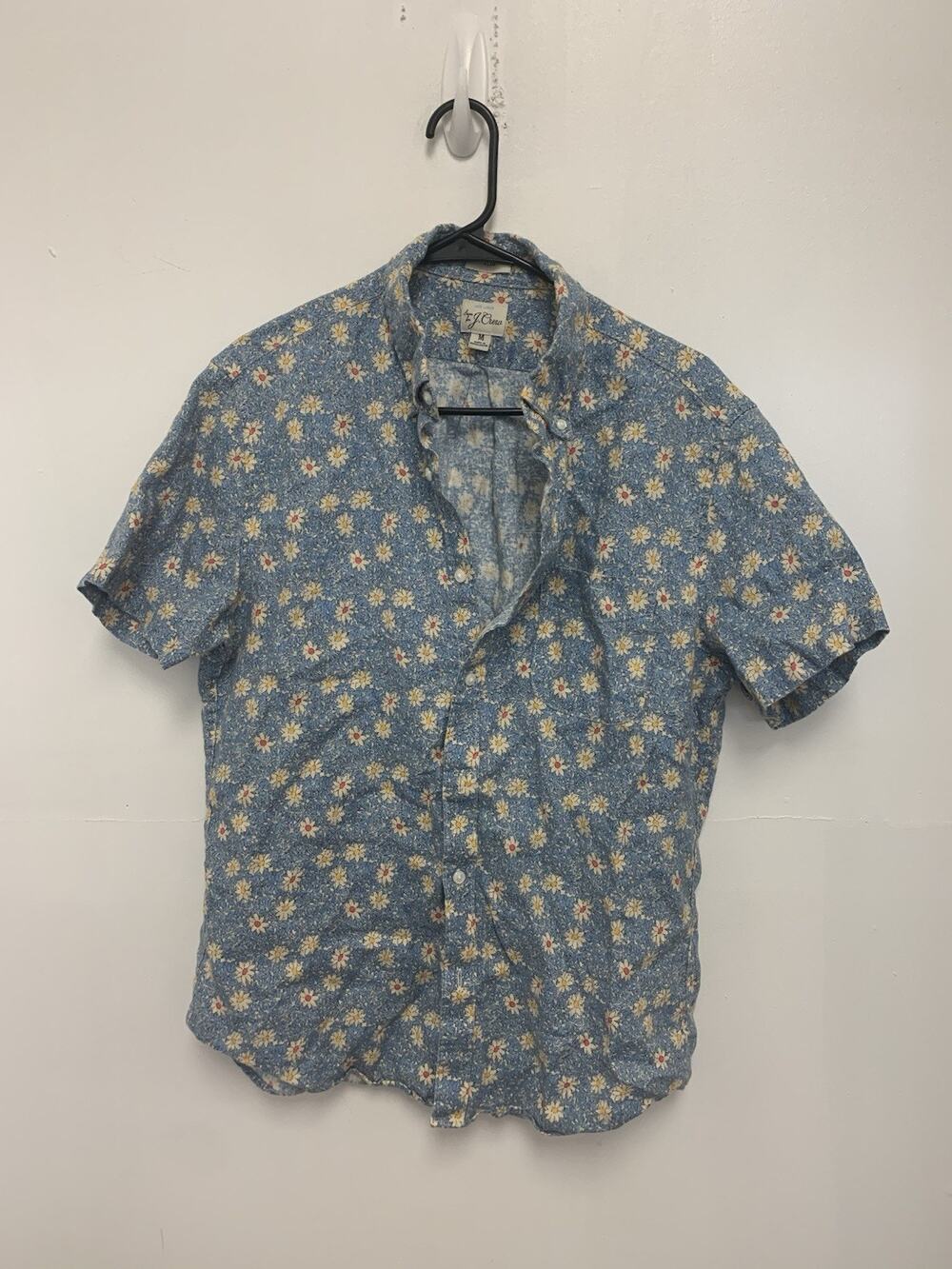 J Crew 100% Linen Light Blue Floral Short Sleeve Classic Fit Shirt Medium